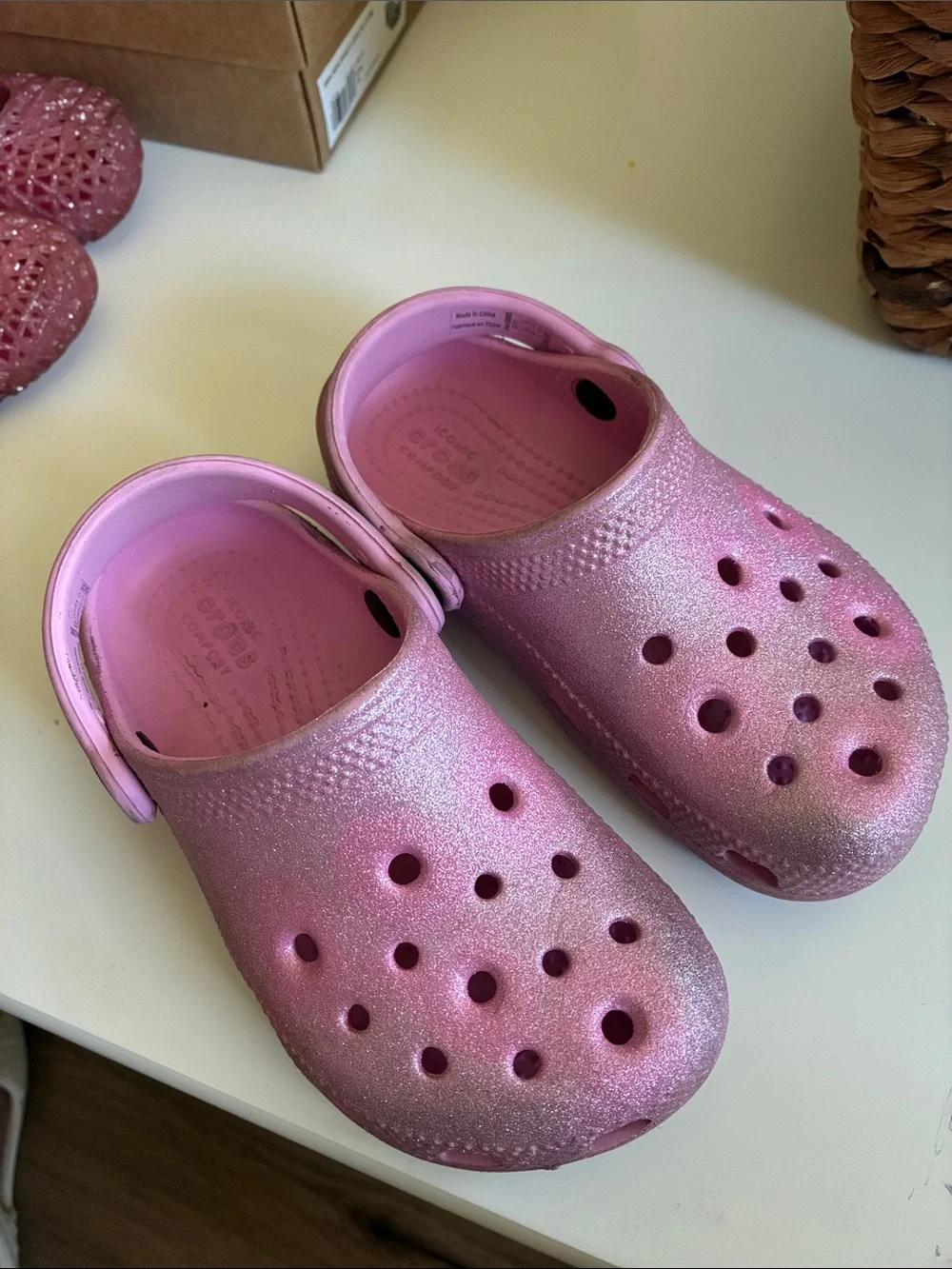 CROCS Kids Glitter Pink Clogs with Heel Strap